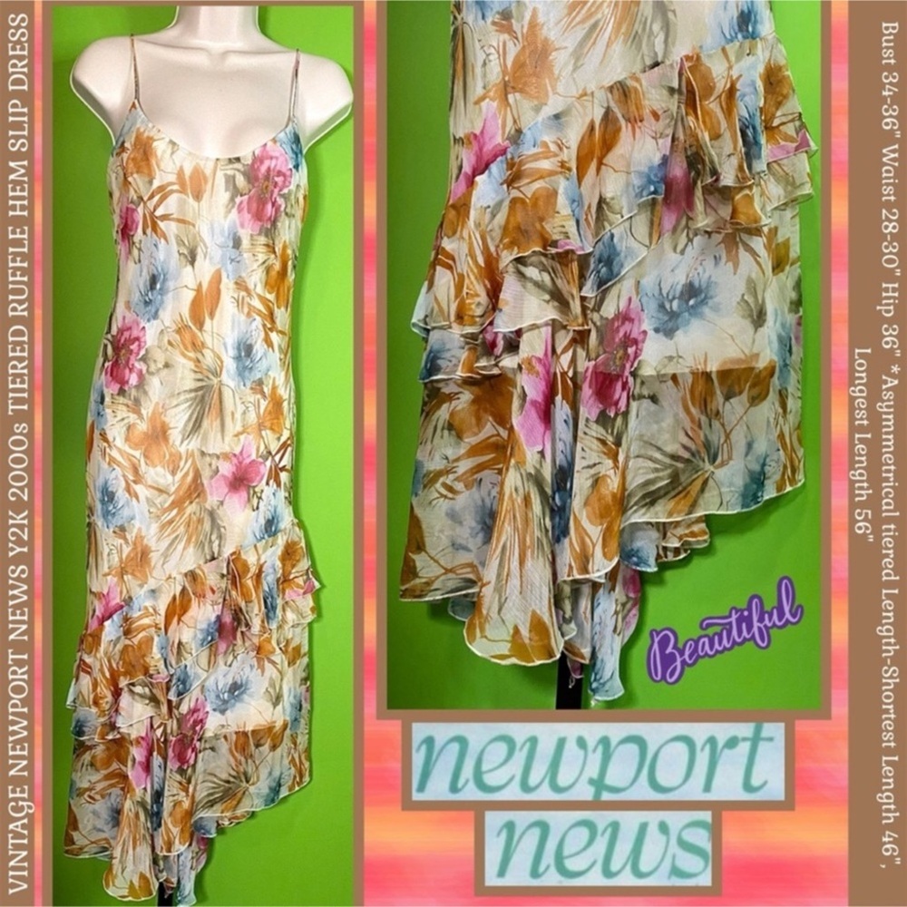 VTG FAIRY CORE Y2K NEWPORT NEWS SZ 8 SPAGHETTI STRAPS TIERED SILK FLORAL DRESS